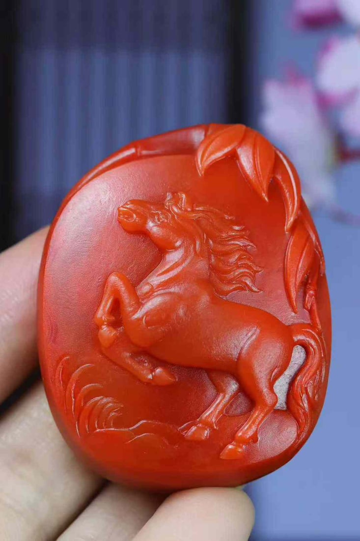 Natural Nanhong Agate Hand-Carved Horse Pendant with Certificate - 5