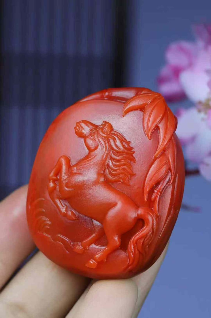 Natural Nanhong Agate Hand-Carved Horse Pendant with Certificate - 6