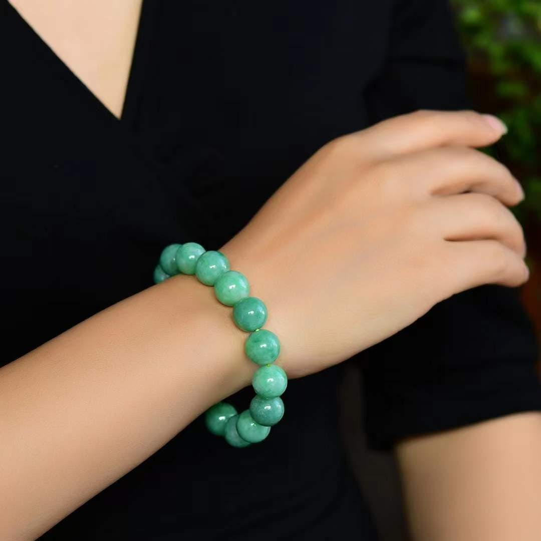 12mm Green Jadeite Beads Bracelet Bangle with Certificate - 6