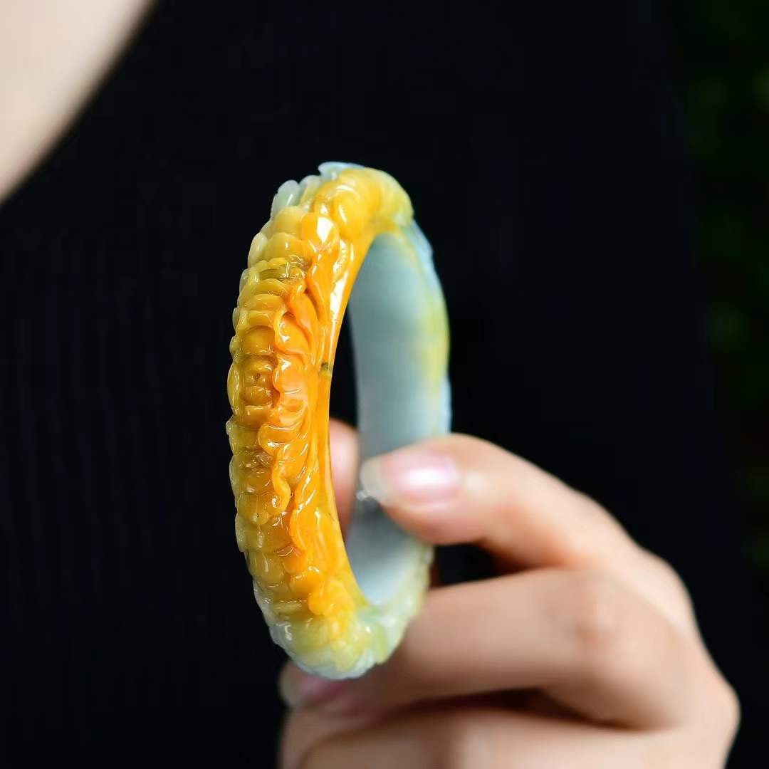 A Set Yellow Jadeite Hand-carved Flower Bird Pendant Bracelet - 3