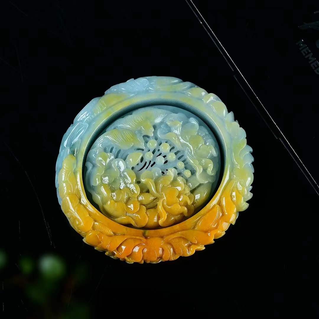 A Set Yellow Jadeite Hand-carved Flower Bird Pendant Bracelet - 4