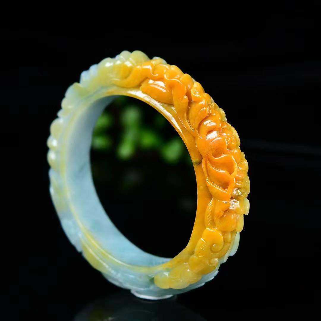 A Set Yellow Jadeite Hand-carved Flower Bird Pendant Bracelet - 5