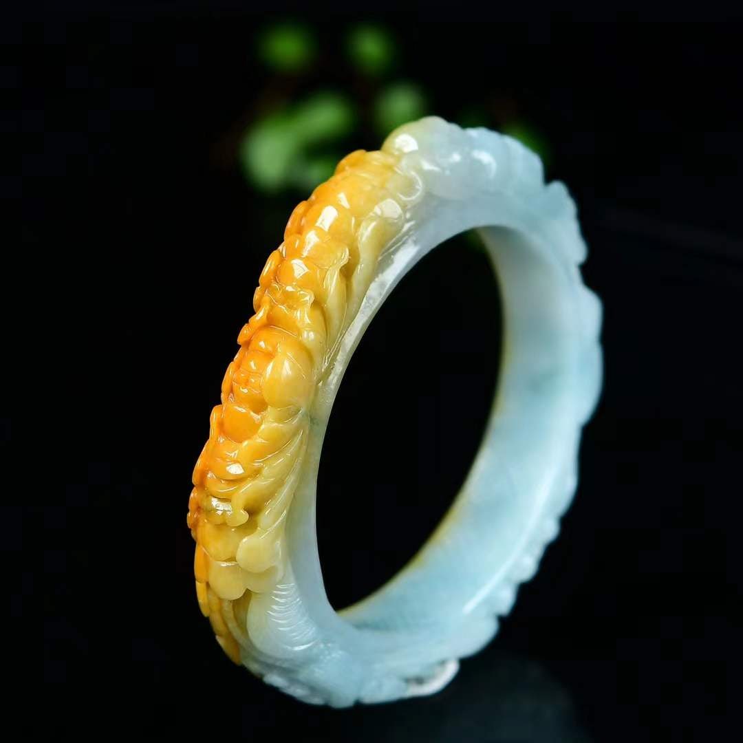 A Set Yellow Jadeite Hand-carved Flower Bird Pendant Bracelet - 6