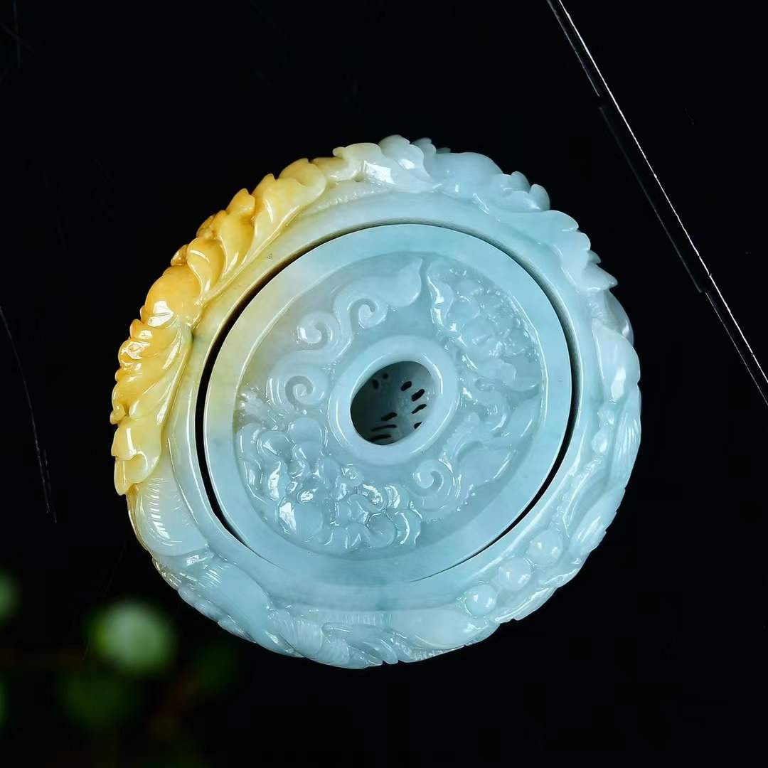 A Set Yellow Jadeite Hand-carved Flower Bird Pendant Bracelet - 7