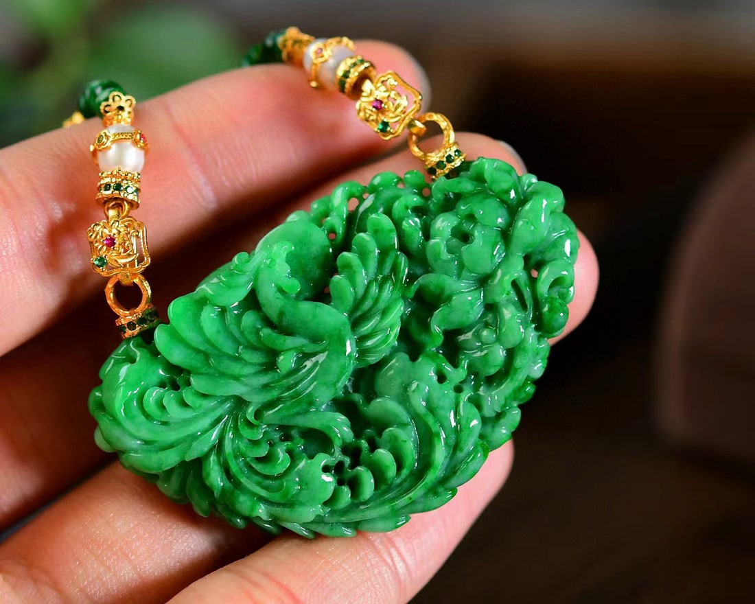 Natural Green Jadeite Hand-Carved Phoenix Peony Pendant with Certificate - 2