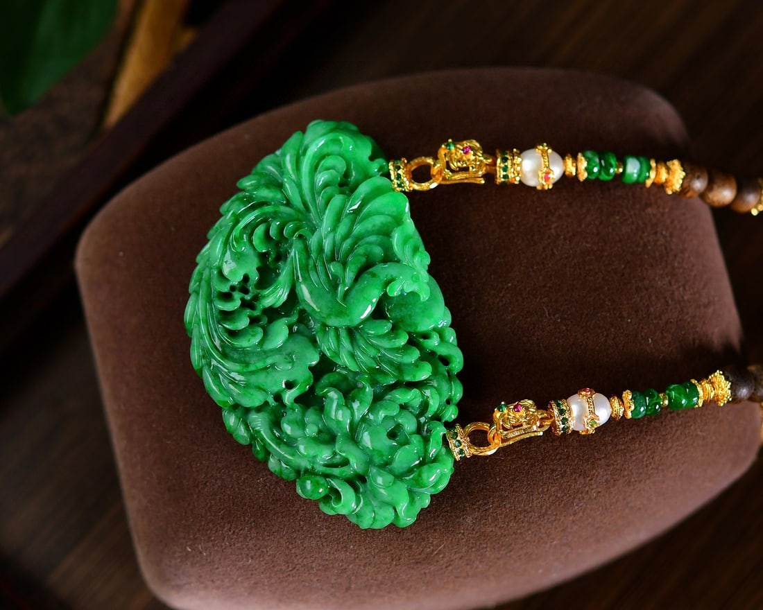 Natural Green Jadeite Hand-Carved Phoenix Peony Pendant with Certificate - 3