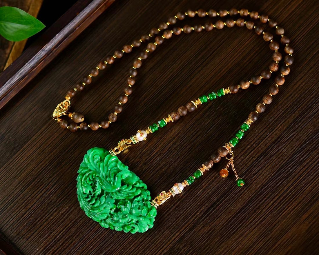 Natural Green Jadeite Hand-Carved Phoenix Peony Pendant with Certificate - 4
