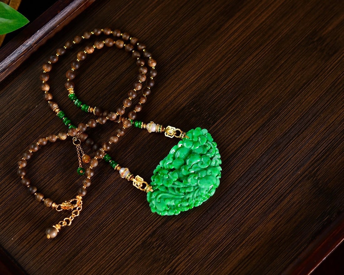 Natural Green Jadeite Hand-Carved Phoenix Peony Pendant with Certificate - 5