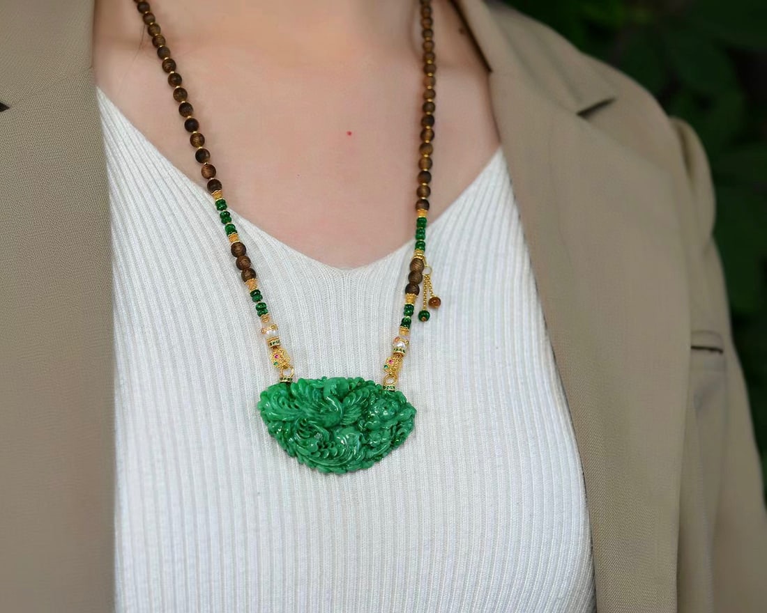 Natural Green Jadeite Hand-Carved Phoenix Peony Pendant with Certificate - 6