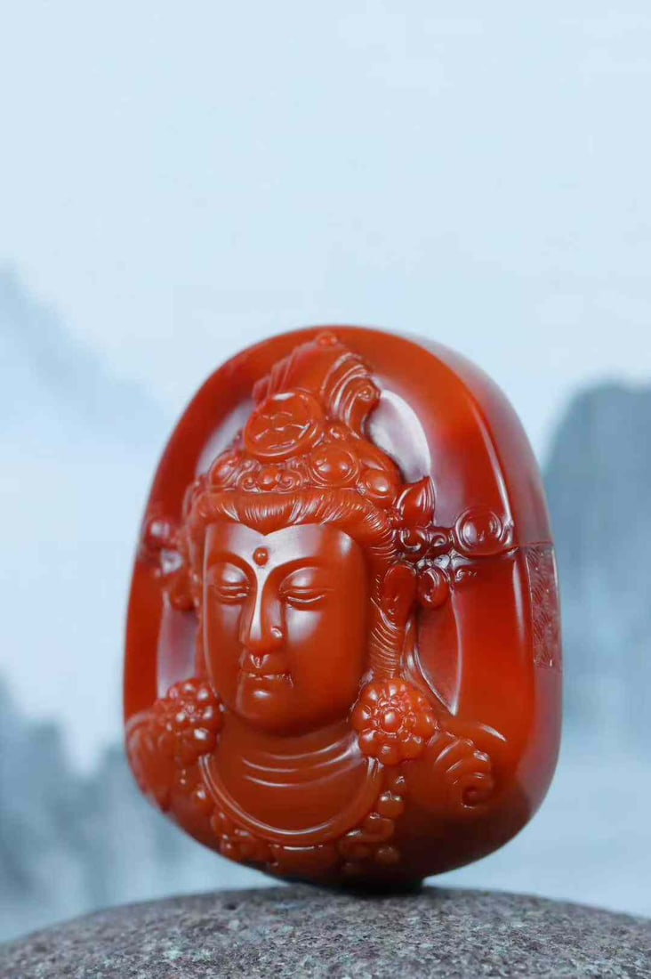 Natural Nanhong Agate Hand-Carved Kwan-yin Pendant with Necklace - 2