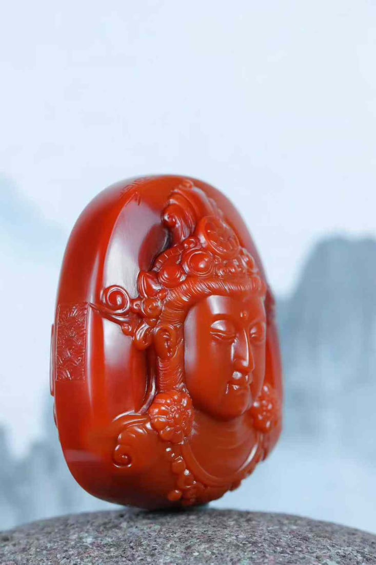 Natural Nanhong Agate Hand-Carved Kwan-yin Pendant with Necklace - 4