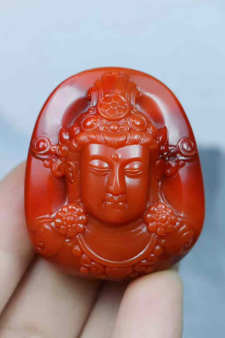Natural Nanhong Agate Hand-Carved Kwan-yin Pendant with Necklace - 6