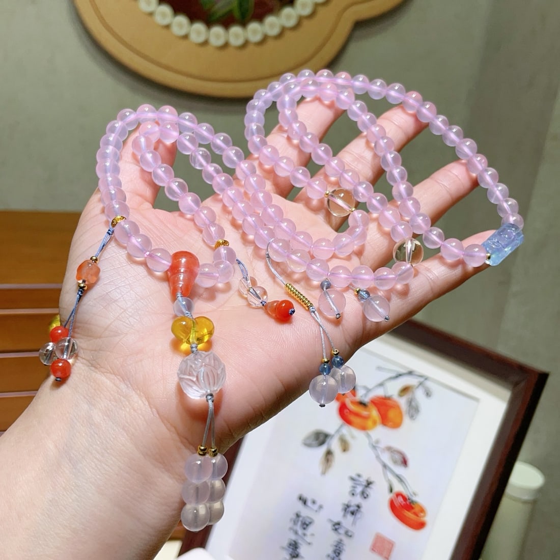 Hand knitting 108 Beads Pink Crystal Necklace - 2