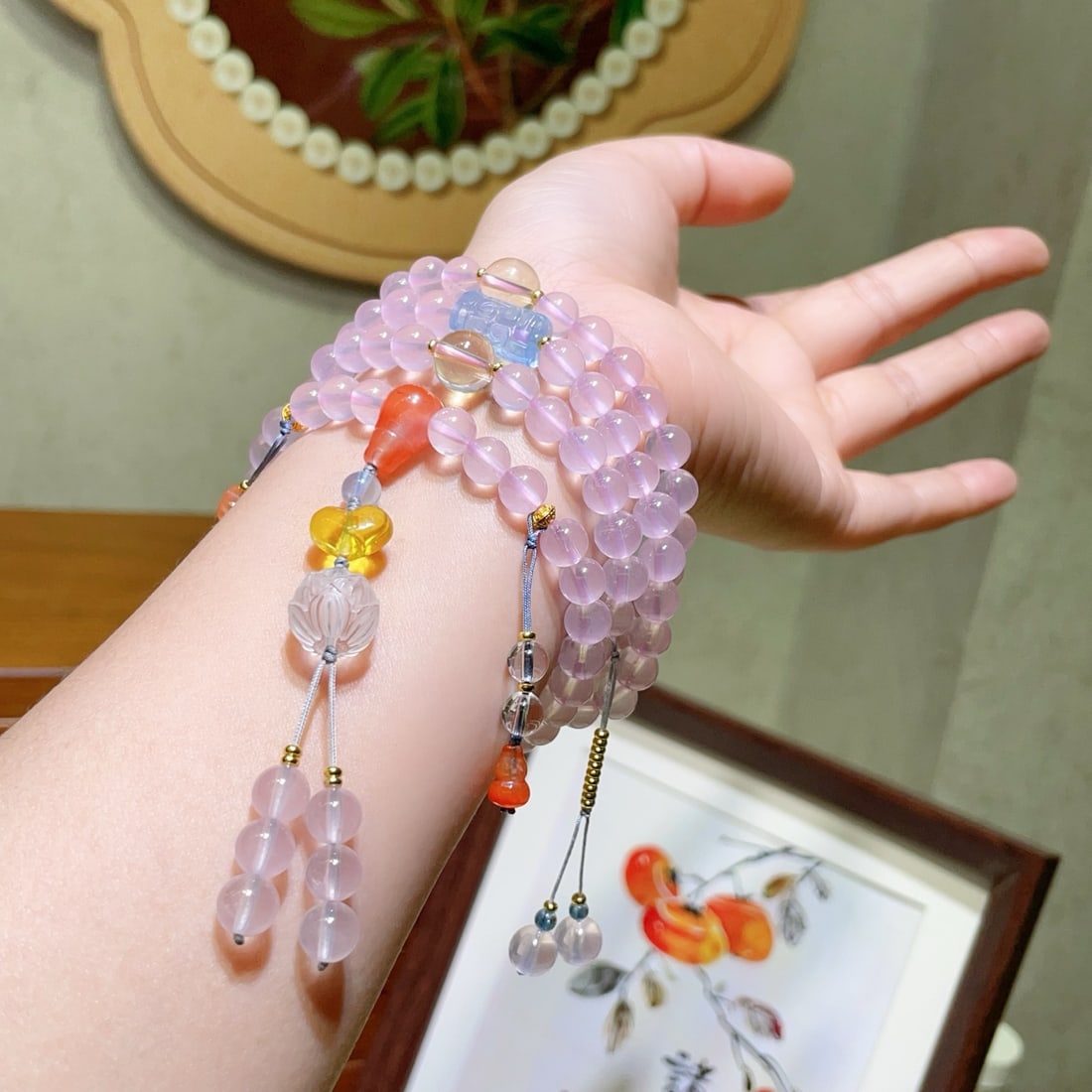 Hand knitting 108 Beads Pink Crystal Necklace - 3