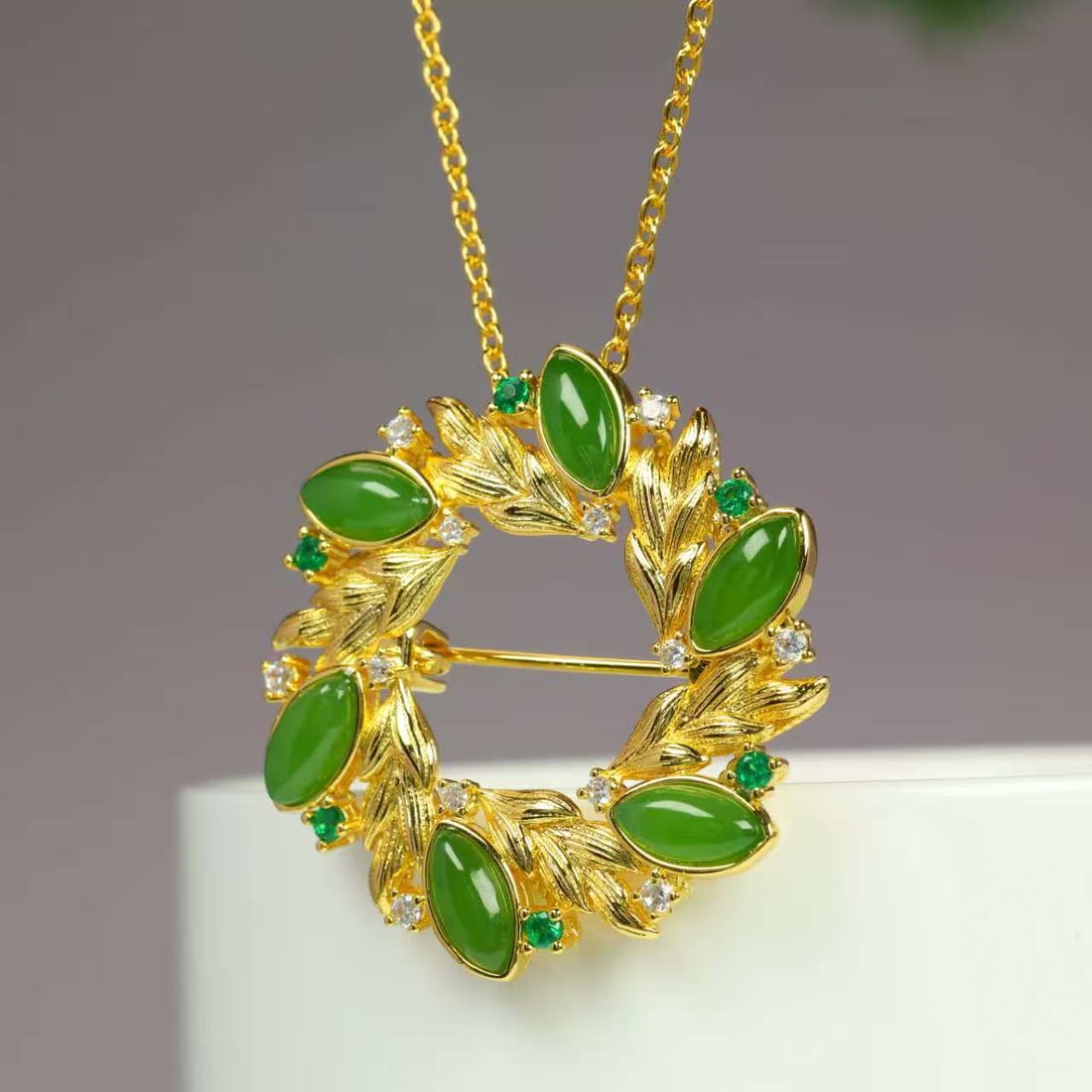 Green Hetian Jade Pendant/Brooch with Necklace - 2