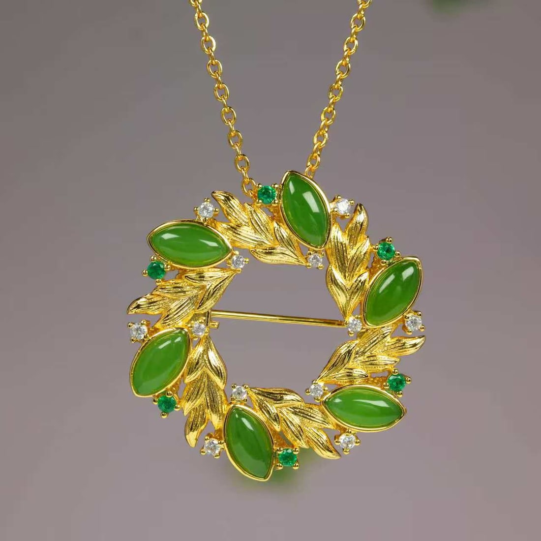 Green Hetian Jade Pendant/Brooch with Necklace - 4