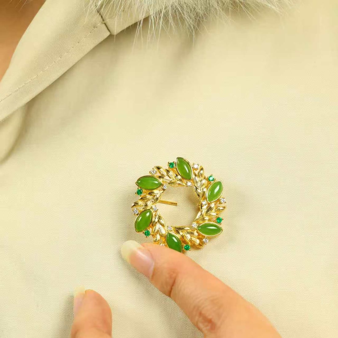 Green Hetian Jade Pendant/Brooch with Necklace - 6