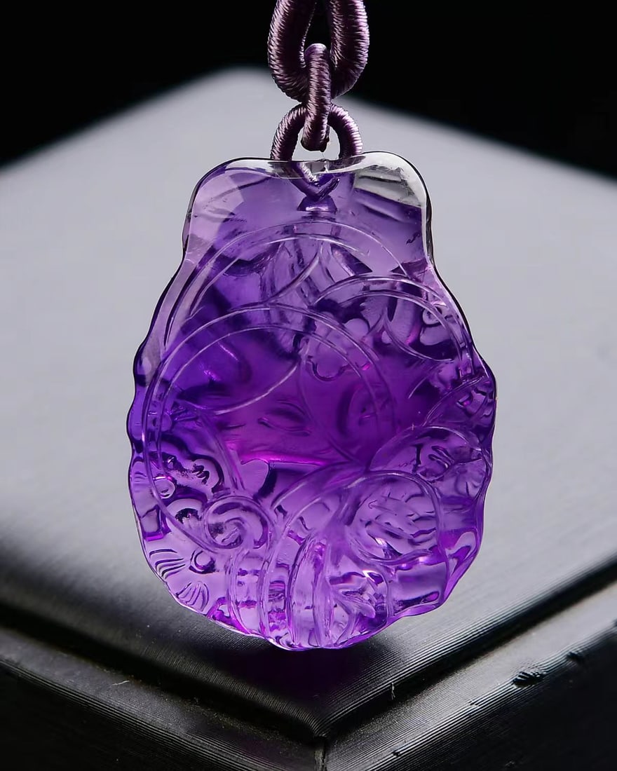 Amethyst Hand-Carved Fox Pendant w Certificate - 2