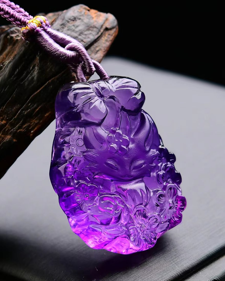 Amethyst Hand-Carved Fox Pendant w Certificate - 3