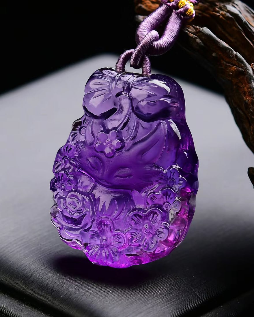 Amethyst Hand-Carved Fox Pendant w Certificate - 4