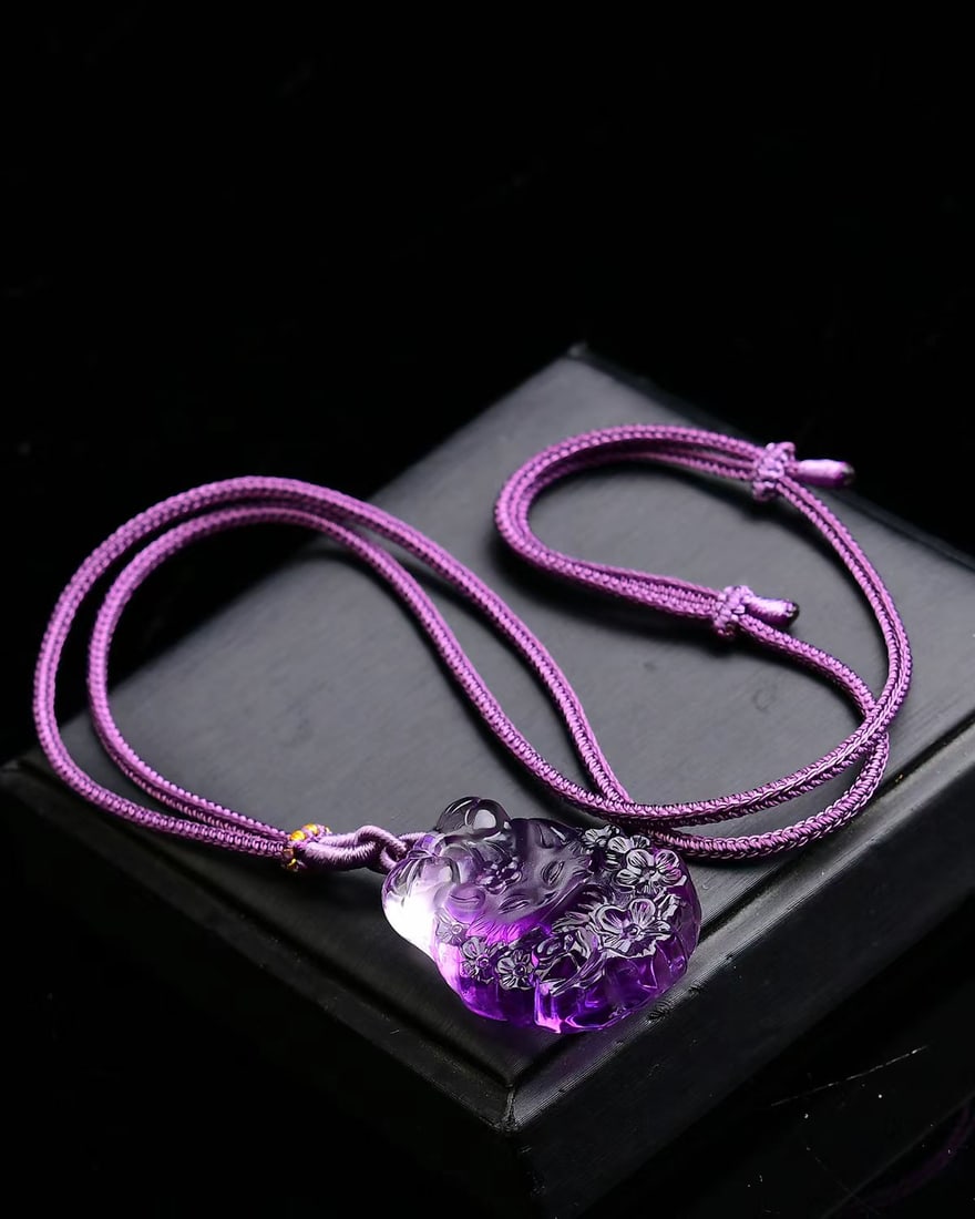 Amethyst Hand-Carved Fox Pendant w Certificate - 5