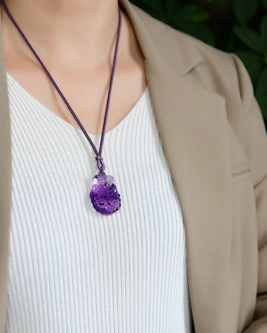 Amethyst Hand-Carved Fox Pendant w Certificate - 6