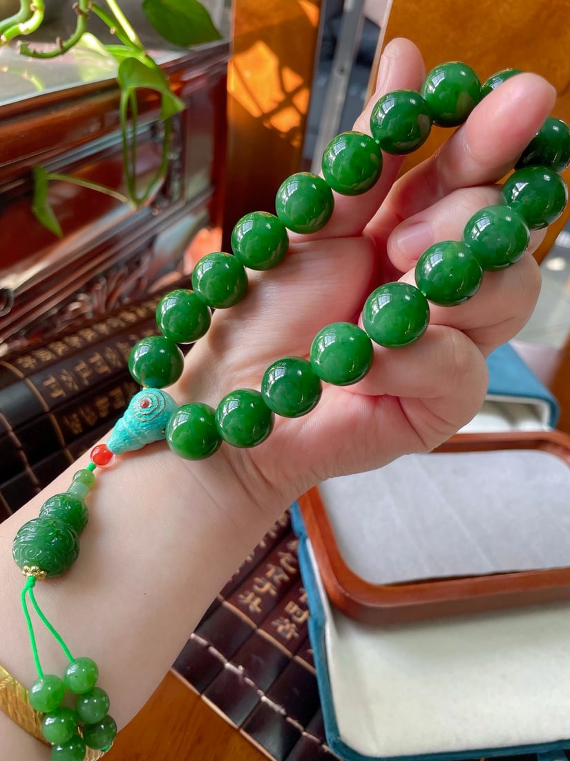 16mm Green Hetian Jade Beads Hand Chain w Certificate - 2