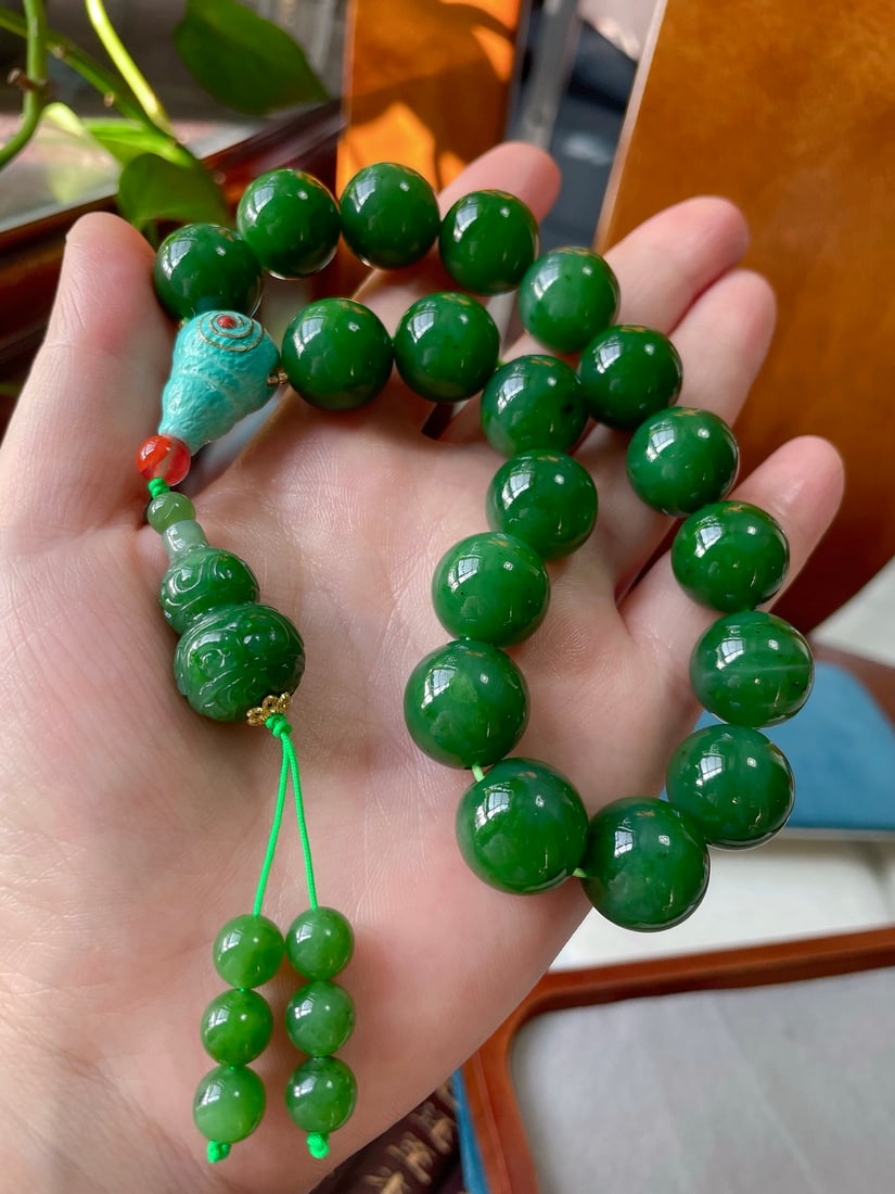 16mm Green Hetian Jade Beads Hand Chain w Certificate - 3