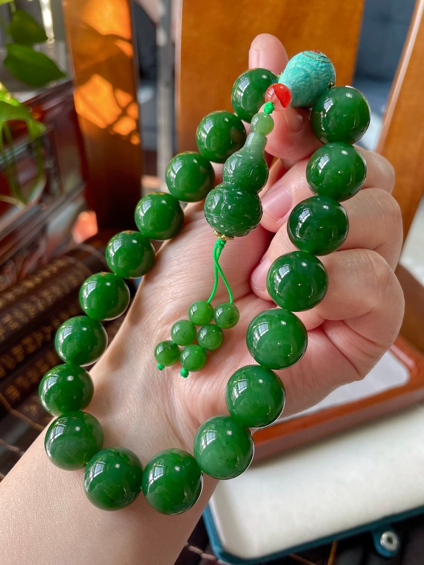 16mm Green Hetian Jade Beads Hand Chain w Certificate - 4