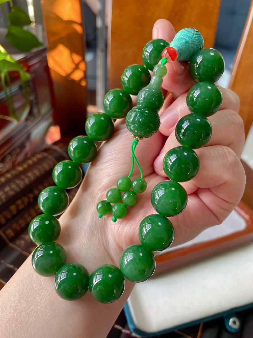16mm Green Hetian Jade Beads Hand Chain w Certificate - 5