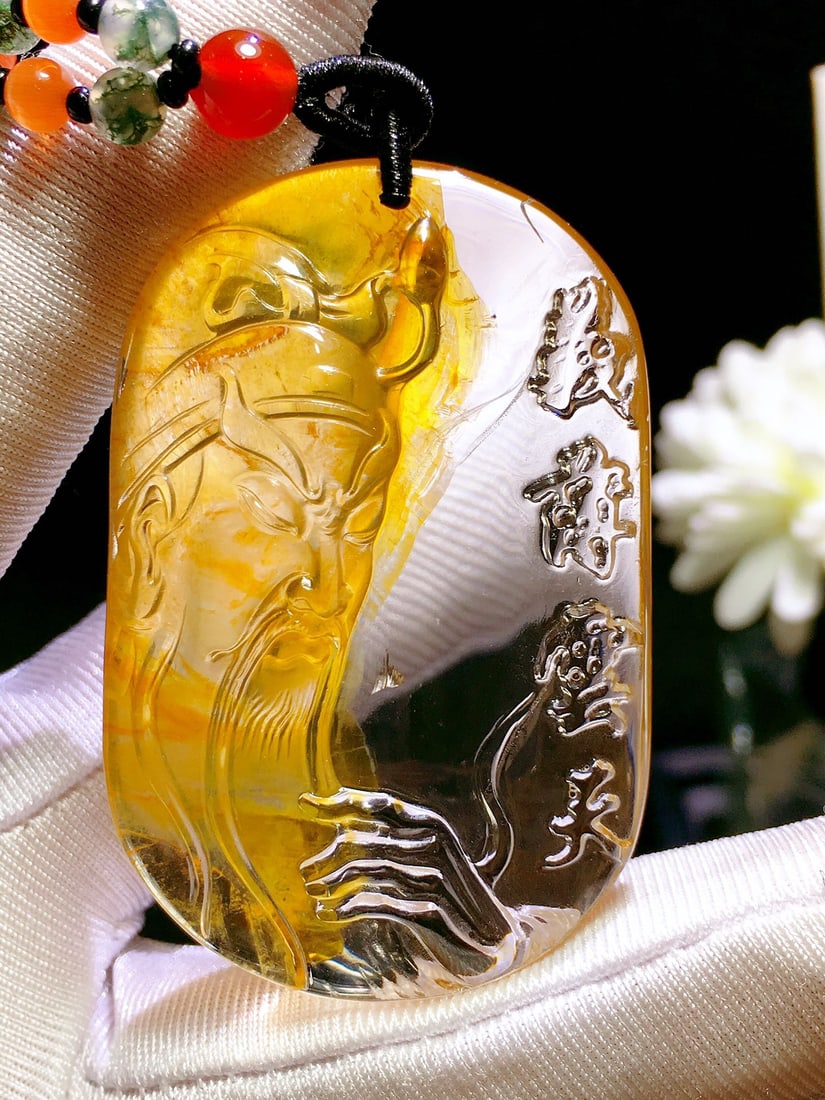 Multi-inclusions Crystal Hand-Carved Guangong Pendant w Certificate - 2