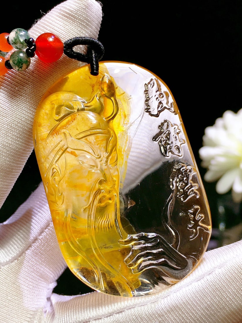 Multi-inclusions Crystal Hand-Carved Guangong Pendant w Certificate - 3