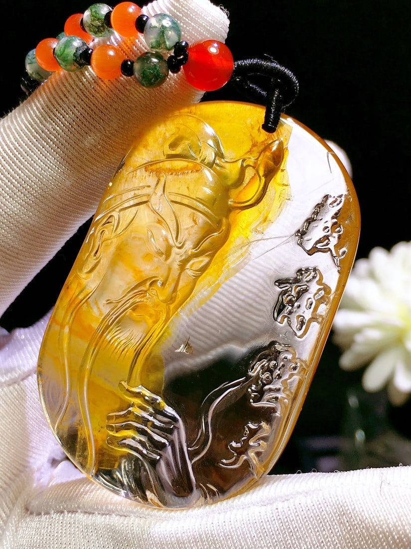 Multi-inclusions Crystal Hand-Carved Guangong Pendant w Certificate - 4