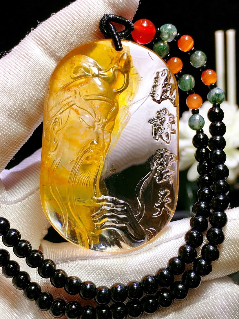 Multi-inclusions Crystal Hand-Carved Guangong Pendant w Certificate - 6