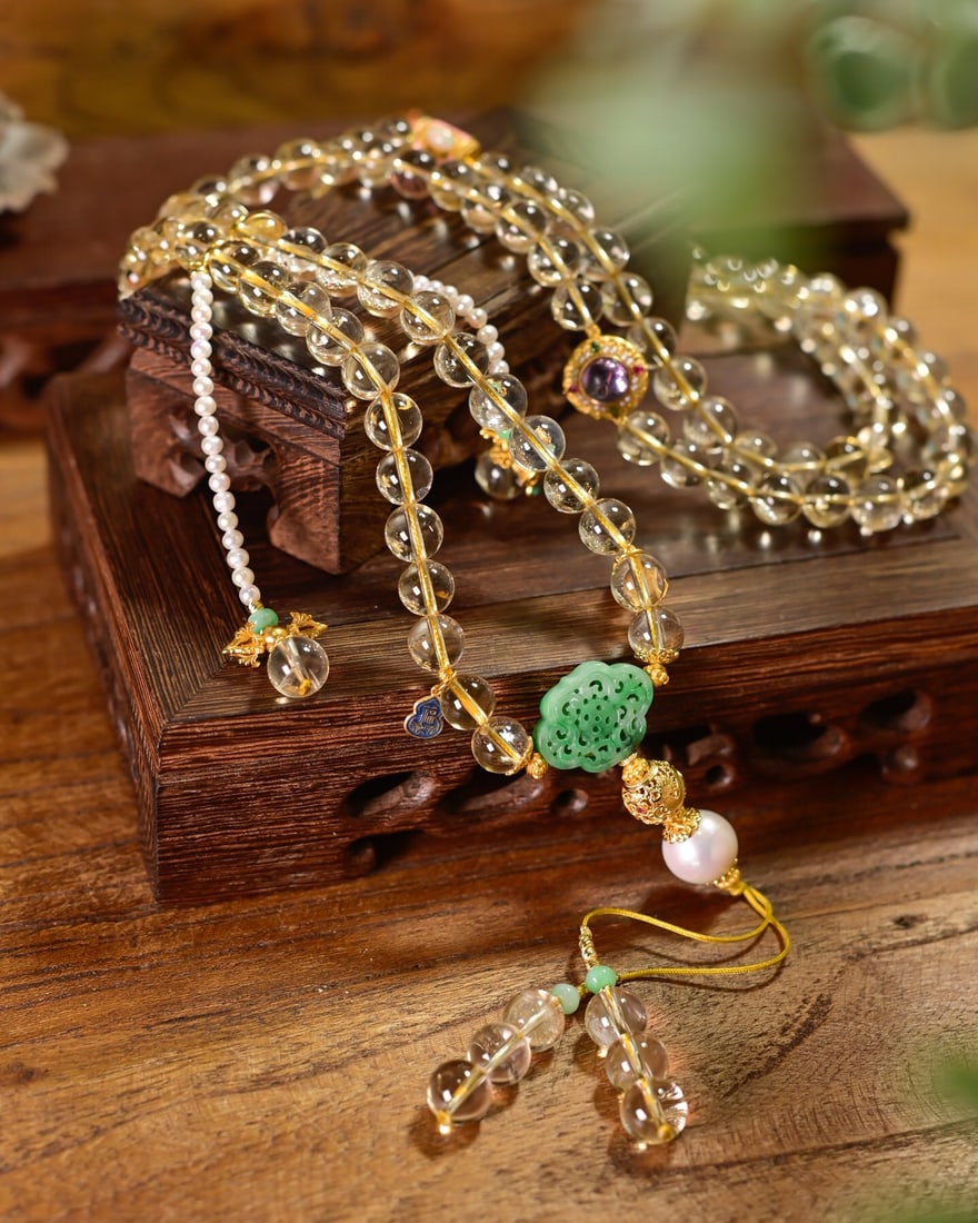 Yellow Crystal,Jadeite,Pearl,Silver Necklace - 2