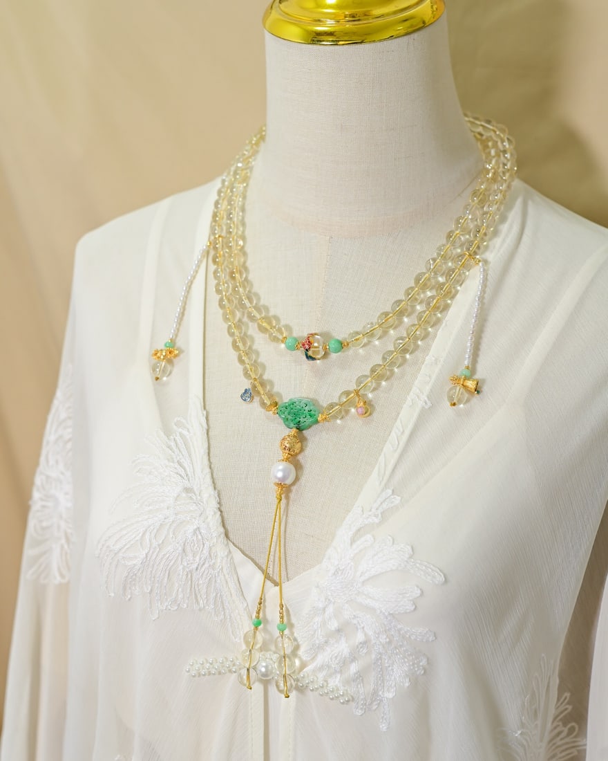 Yellow Crystal,Jadeite,Pearl,Silver Necklace - 6