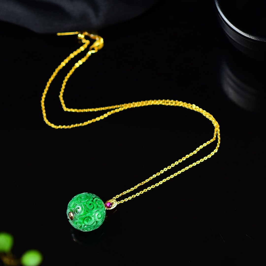 18K Gold Inlay Green Jadeite Beads Lucky Ball Pendant w Certificate - 2