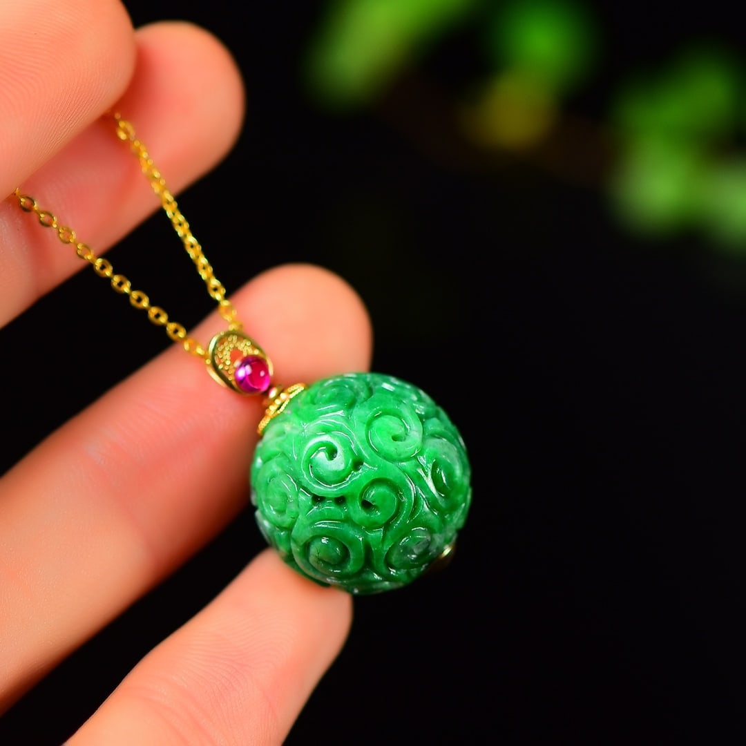18K Gold Inlay Green Jadeite Beads Lucky Ball Pendant w Certificate - 3