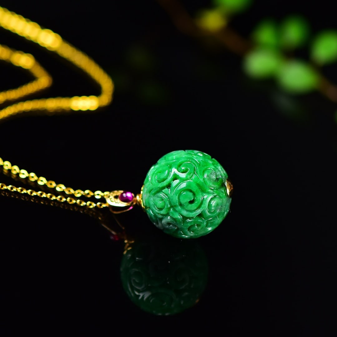 18K Gold Inlay Green Jadeite Beads Lucky Ball Pendant w Certificate - 4
