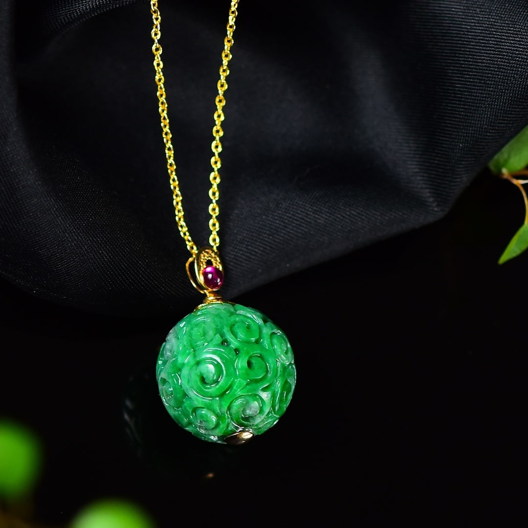 18K Gold Inlay Green Jadeite Beads Lucky Ball Pendant w Certificate - 5