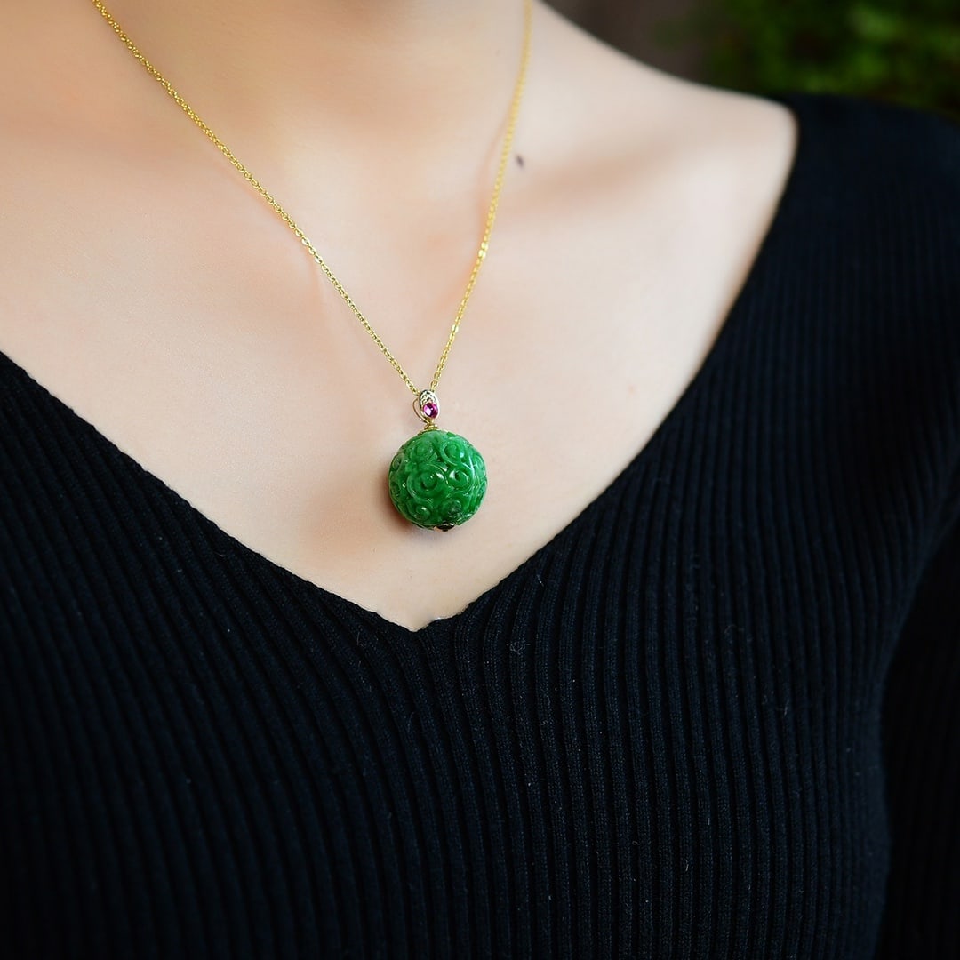 18K Gold Inlay Green Jadeite Beads Lucky Ball Pendant w Certificate - 6