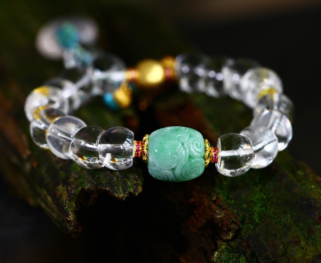 Hand knitting White Crystal & Jadeite Hand Chain - 4