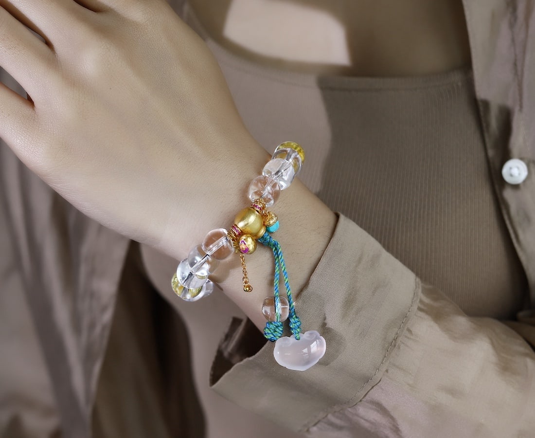 Hand knitting White Crystal & Jadeite Hand Chain - 5