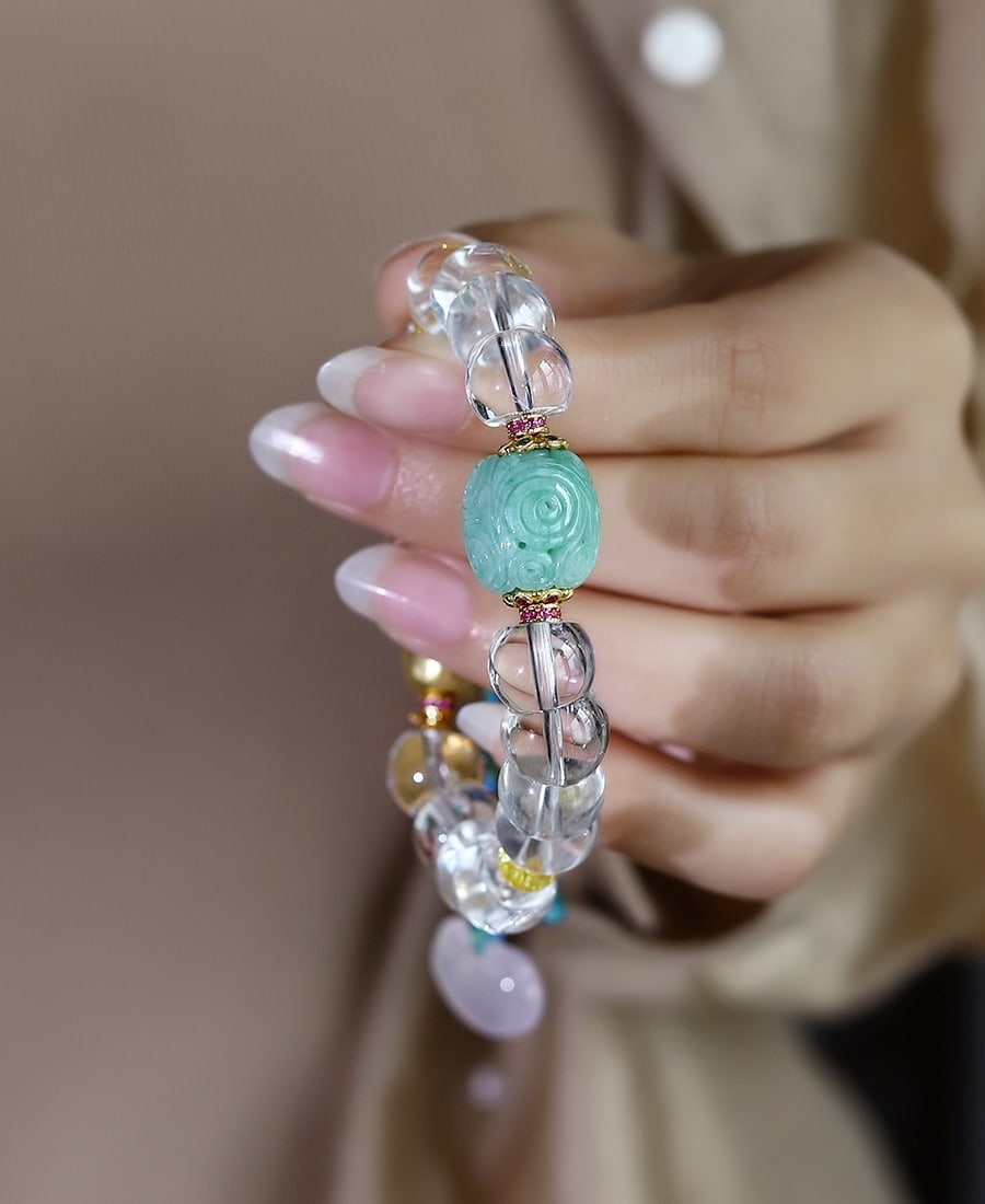 Hand knitting White Crystal & Jadeite Hand Chain - 6