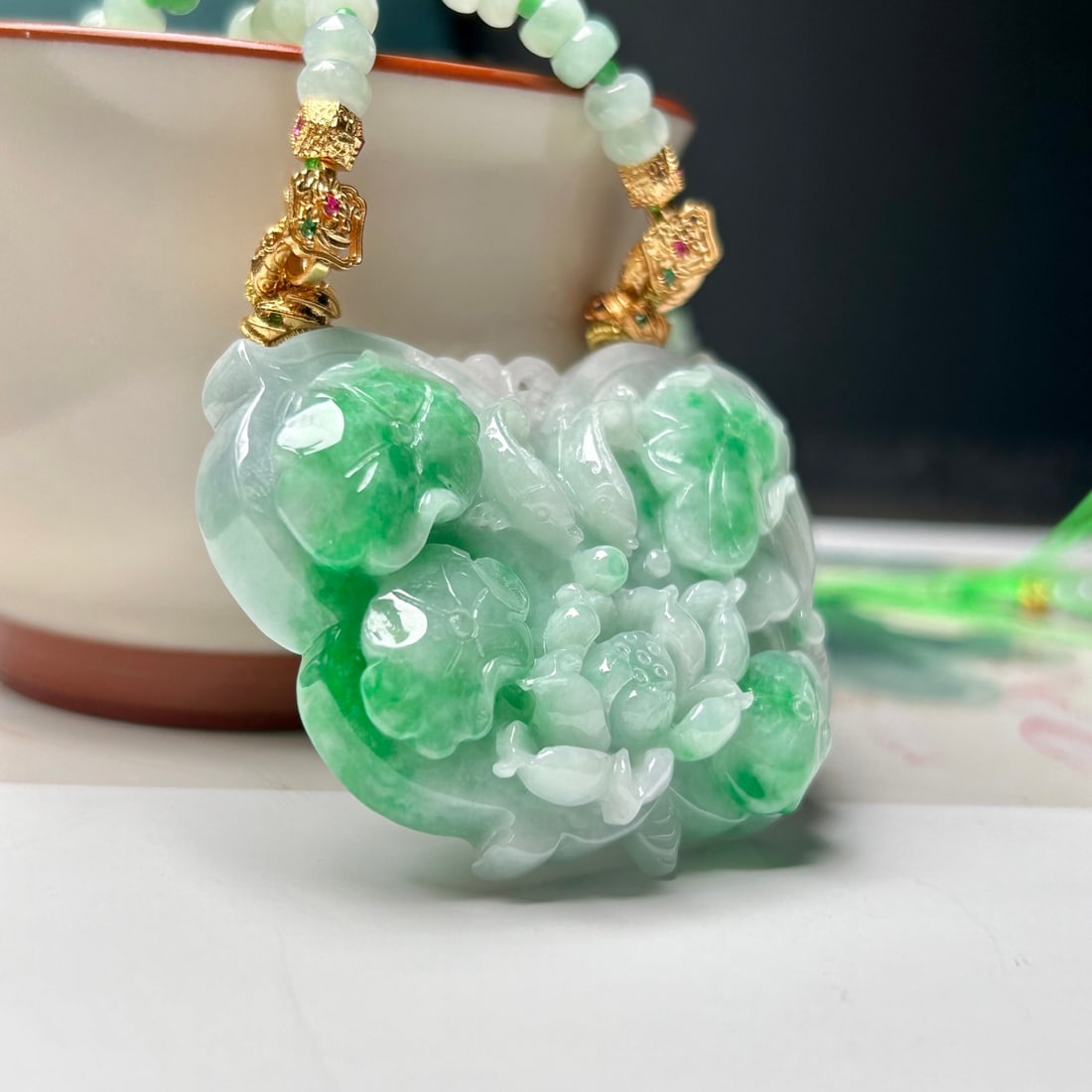 Green Jadeite Hand-Carved Fish & Lotus Pendant w Certificate - 2