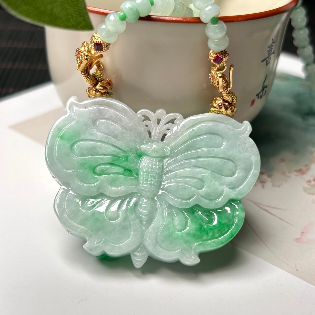 Green Jadeite Hand-Carved Fish & Lotus Pendant w Certificate - 4