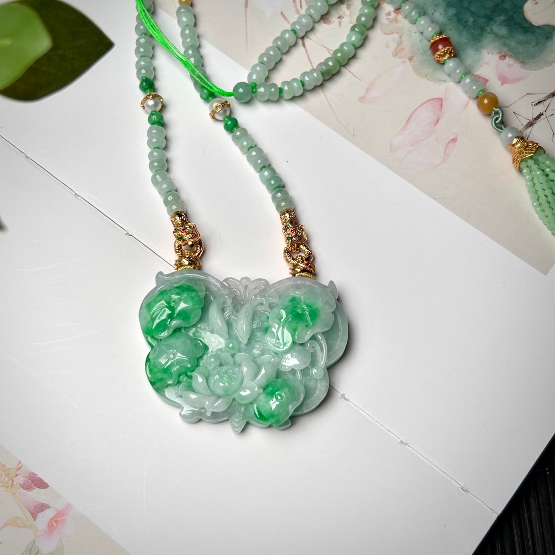 Green Jadeite Hand-Carved Fish & Lotus Pendant w Certificate - 5