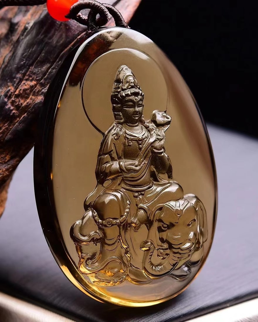 Citrine Hand-Carved Samantabhadra & Elephant Pendant - 3