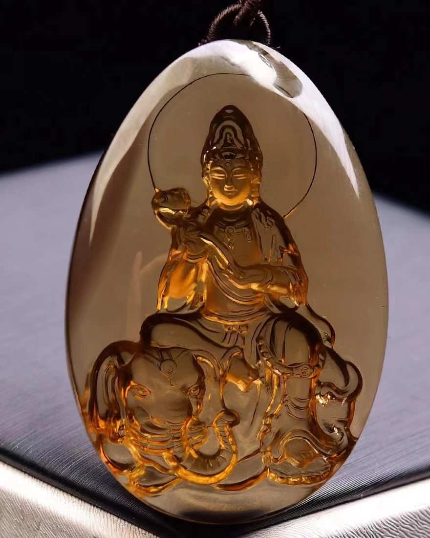 Citrine Hand-Carved Samantabhadra & Elephant Pendant - 4