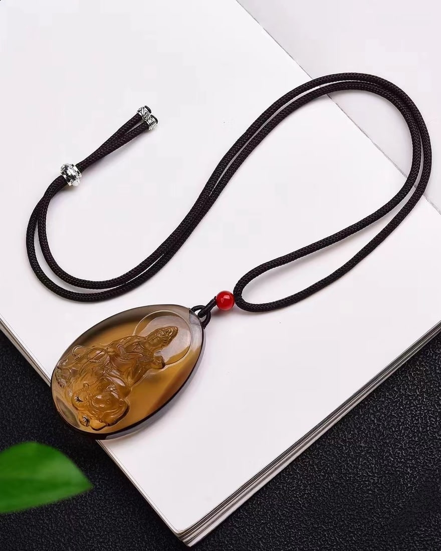 Citrine Hand-Carved Samantabhadra & Elephant Pendant - 5